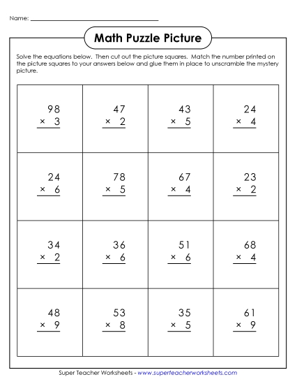 Thanksgiving Multiplication - Math Puzzle Picture (Cut-and-Glue): 2-Digit by 1-Digit Multiplication Thanksgiving Multiplication - Math Puzzle Picture (Cut-and-Glue): 2-Digit by 1-Digit Multiplication