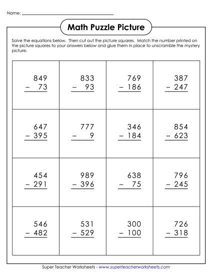 Thanksgiving Subtraction - Math Puzzle Picture (Cut-and-Glue): 3-Digit Subtraction Thanksgiving Subtraction - Math Puzzle Picture (Cut-and-Glue): 3-Digit Subtraction