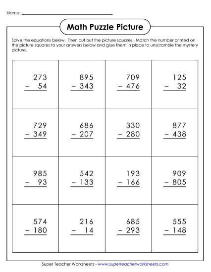 3-Digit Subtraction Worksheets - Math Puzzle Picture  (Cut and Glue)
