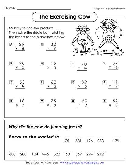 2-Digit Times 1-Digit Worksheets - Math Riddle: Jumping Cows