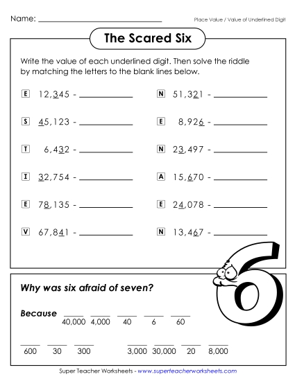 Place Value - Math Riddle: Scared Six