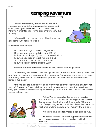 More Summer Math - Math Story - Camping  (Grades 4-5) (Printable PDF Worksheet)