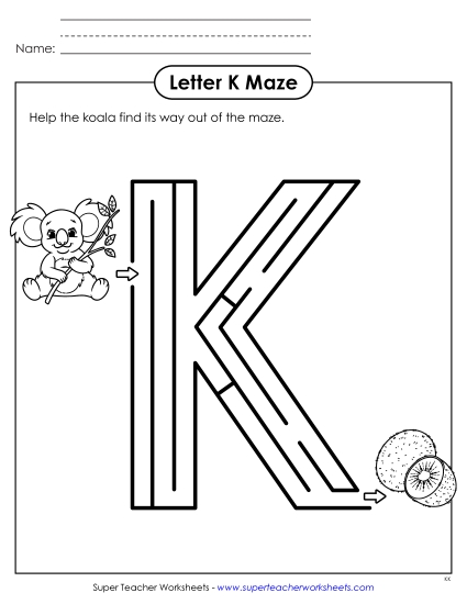 Letter Recognition - Maze Activity: Uppercase Letter K (Printable PDF Worksheet)
