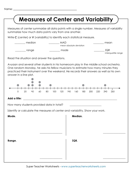 Measures of Center & Variability (Mixed) - Measures of Center & Variability Worksheet