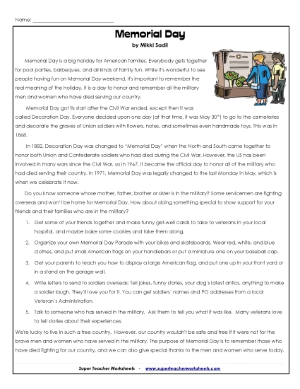 Reading Comprehension - Memorial Day (Article) Reading Comprehension - Memorial Day (Article)