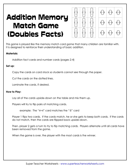 Class Game / Learning Center Addition Doubles Facts - Memory Match Card Game: Addition Doubles Facts