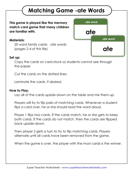 Word Games - Memory Match Game (-ate) Word Games - Memory Match Game (-ate)