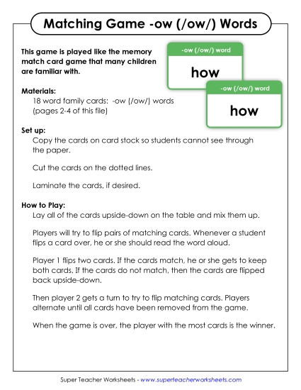 Word Games /ow/ Sound (as in Cow) - Memory Match Game (-ow)