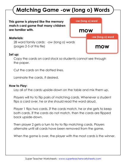 Word Games Long-O Sound (as in Glow) - Memory Matching Game (-ow)