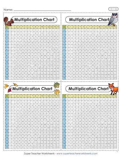 Factors 0 to 15 - Mini Multiplication Charts (Fall, 15 x 15) (Printable PDF Worksheet)