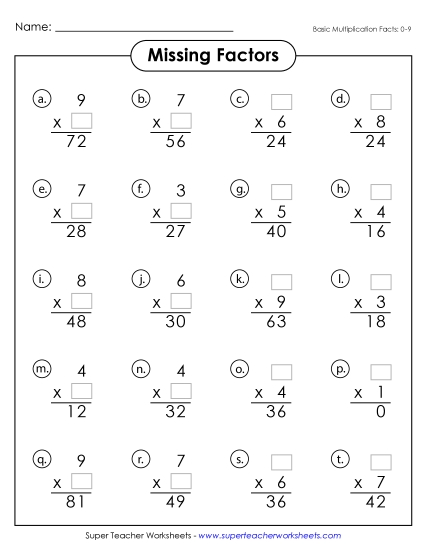 Worksheets and Games - Missing Factors (0-9) Worksheets and Games - Missing Factors (0-9)