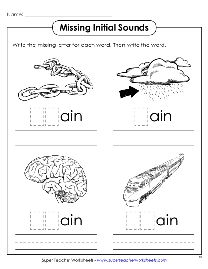 Worksheets - Missing Initial Sounds (-ain) Worksheets - Missing Initial Sounds (-ain)