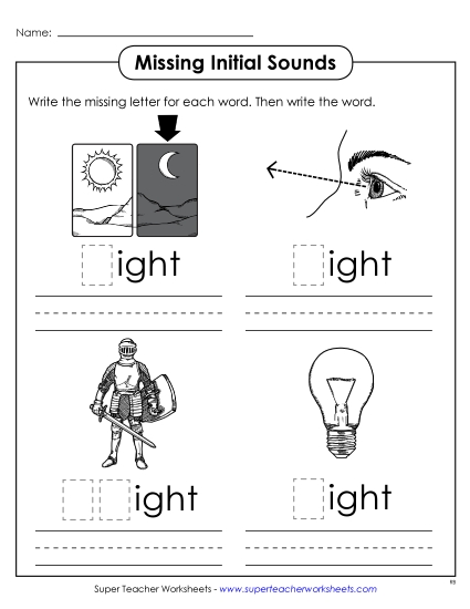 Worksheets - Missing Initial Sounds (-ight)