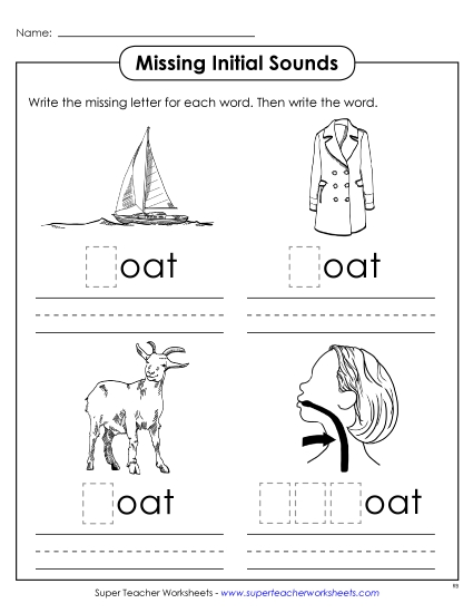 Worksheets - Missing Initial Sounds (-oat) Worksheets - Missing Initial Sounds (-oat)