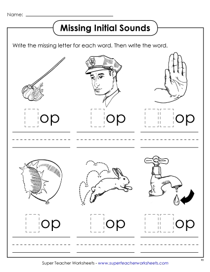 Worksheets - Missing Initial Sounds (-op) Worksheets - Missing Initial Sounds (-op)