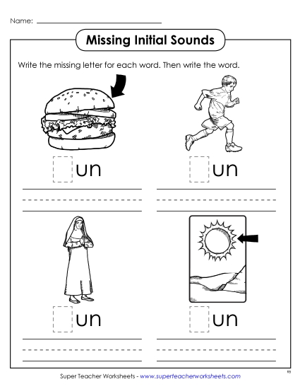 Worksheets - Missing Initial Sounds (-un)