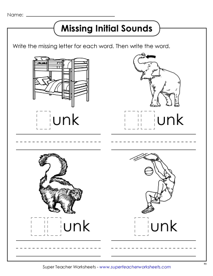 Worksheets - Missing Initial Sounds (-unk)