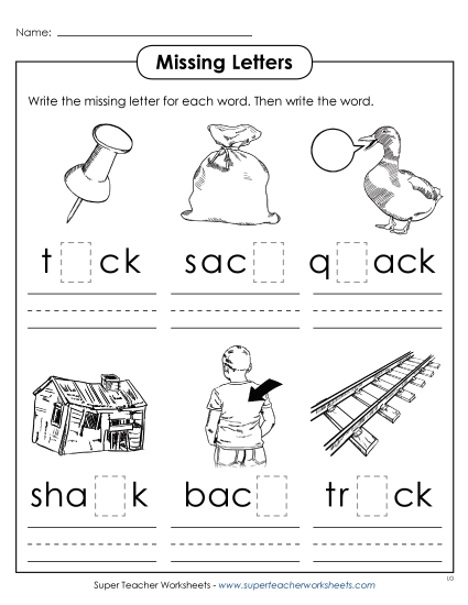 Worksheets - Missing Letters (-ack) Worksheets - Missing Letters (-ack)