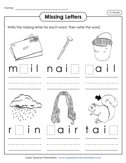 Missing Letter Worksheets - Missing Letters (AI Words) Missing Letter Worksheets - Missing Letters (AI Words)