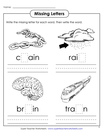 Worksheets - Missing Letters (-ain) Worksheets - Missing Letters (-ain)