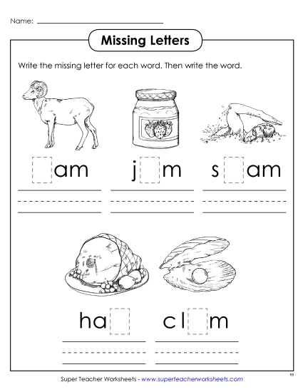 Worksheets - Missing Letters (-am) Worksheets - Missing Letters (-am)