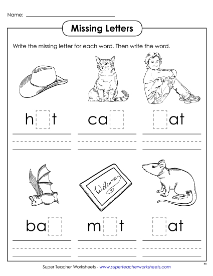 Worksheets - Missing Letters (-at)