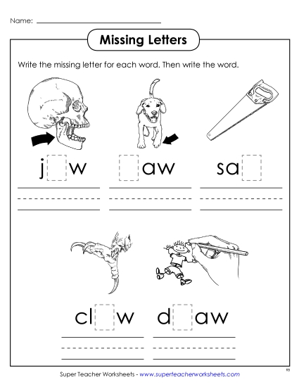Worksheets - Missing Letters (-aw)
