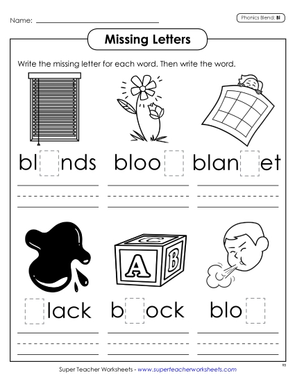 Worksheets - Missing Letters (Bl- Words)