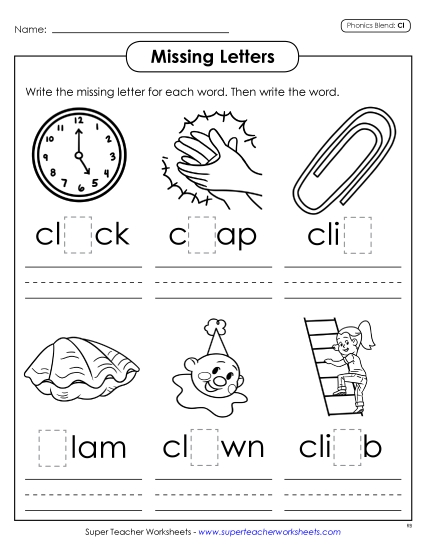Worksheets - Missing Letters (Cl- Words) Worksheets - Missing Letters (Cl- Words)