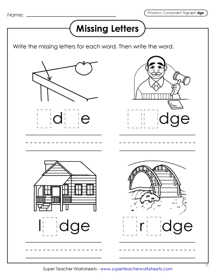 Worksheets - Missing Letters (-dge Words)