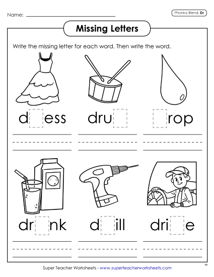Worksheets - Missing Letters (Dr- Words)