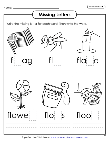 Worksheets - Missing Letters (Fl- Words) Worksheets - Missing Letters (Fl- Words)