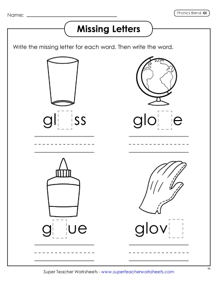 Worksheets - Missing Letters (Gl- Words) Worksheets - Missing Letters (Gl- Words)
