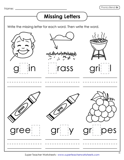 Worksheets - Missing Letters (Gr- Words)