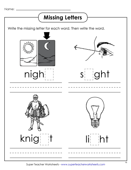 Worksheets - Missing Letters (-ight) Worksheets - Missing Letters (-ight)