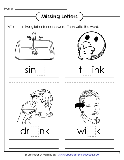 Worksheets - Missing Letters (-ink) Worksheets - Missing Letters (-ink)