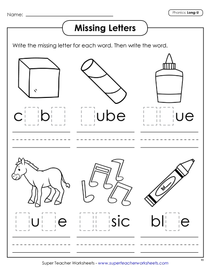Worksheets - Missing Letters (Long U) Worksheets - Missing Letters (Long U)