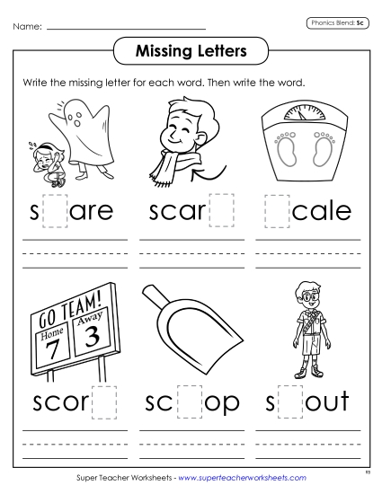 Worksheets - Missing Letters (Sc- Words)