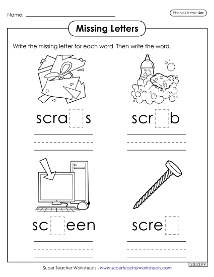 Worksheets - Missing Letters (Scr- Words)
