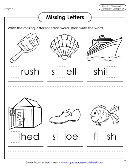 Worksheets - Missing Letters (SH Words)