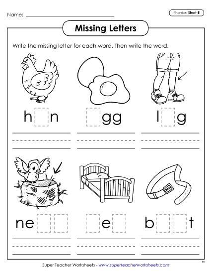 Worksheets - Missing Letters (Short E) Worksheets - Missing Letters (Short E)