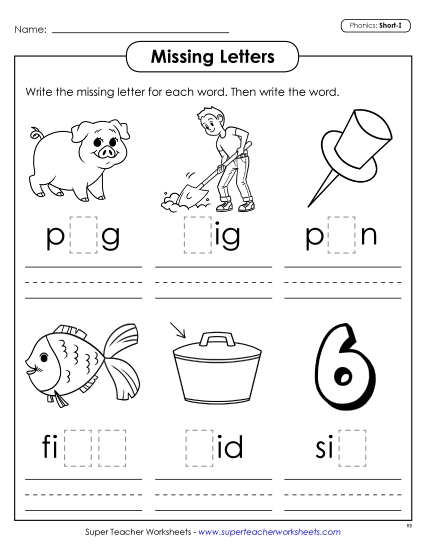 Worksheets - Missing Letters (Short I) Worksheets - Missing Letters (Short I)