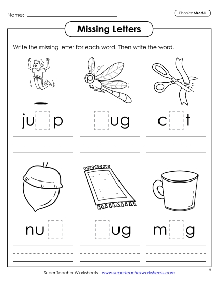 Worksheets - Missing Letters (Short U) Worksheets - Missing Letters (Short U)