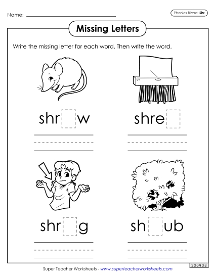 Worksheets - Missing Letters (Shr- Words)