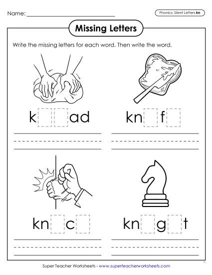 Worksheets - Missing Letters (Silent-K Words) (Printable PDF Worksheet)