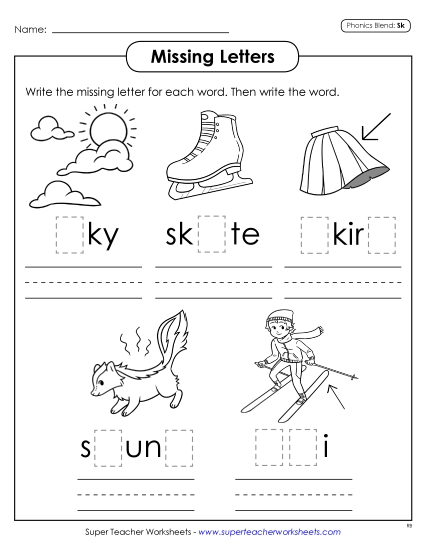 Worksheets - Missing Letters (Sk- Words) Worksheets - Missing Letters (Sk- Words)