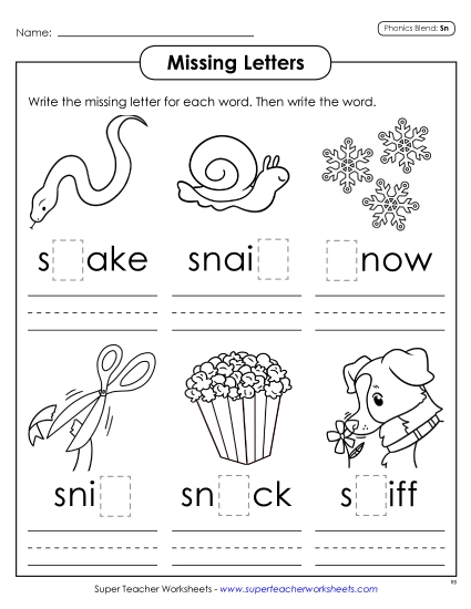 Worksheets - Missing Letters (Sn- Words)