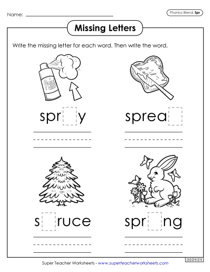Worksheets - Missing Letters (Spr- Words)