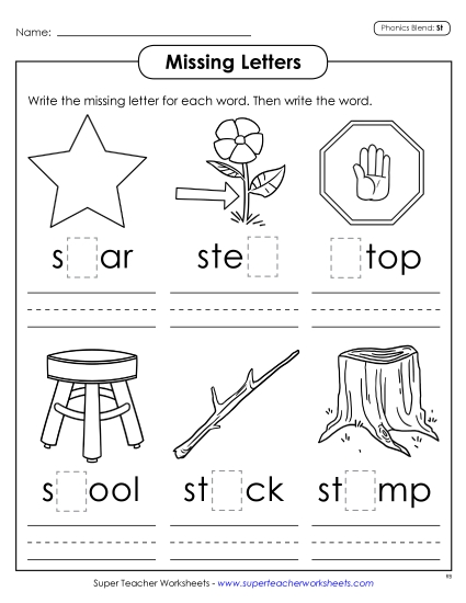 Worksheets - Missing Letters (St- Words)