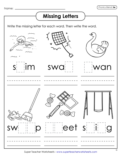 Worksheets - Missing Letters (Sw- Words)